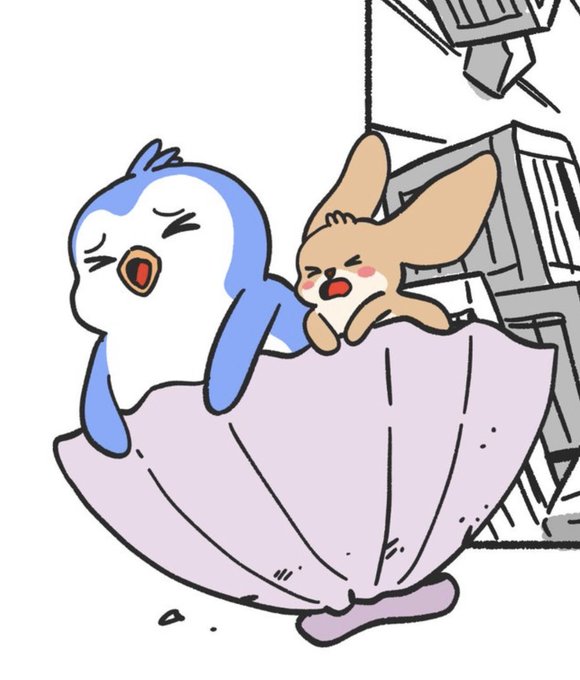 A cartoon illustration shows a blue and white penguin and a small brown rabbit with red cheeks joyfully riding inside a lavender cloth basket being lowered from a building.