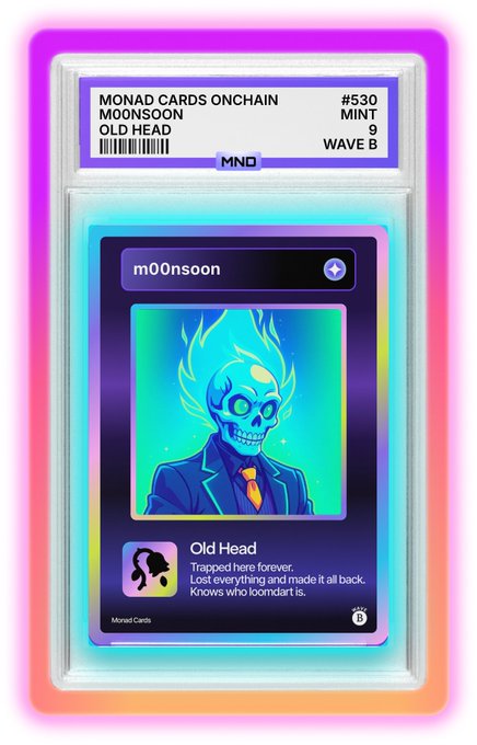 A graded MONAD card displaying 'MONAD CARDS ONCHAIN m00nsoon OLD HEAD #530' featuring an illustration of a flaming skull in a suit.