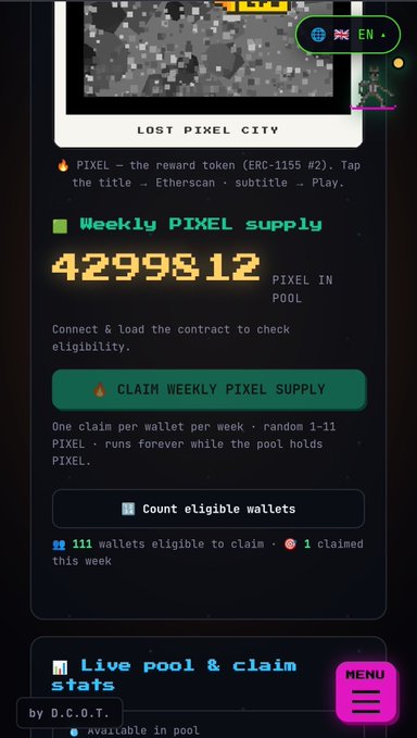 A mobile app screen showing 'LOST PIXEL CITY' with a Weekly PIXEL supply counter displaying 4299812, a 'CLAIM WEEKLY PIXEL SUPPLY' button, and eligibility stats showing 111 eligible wallets.