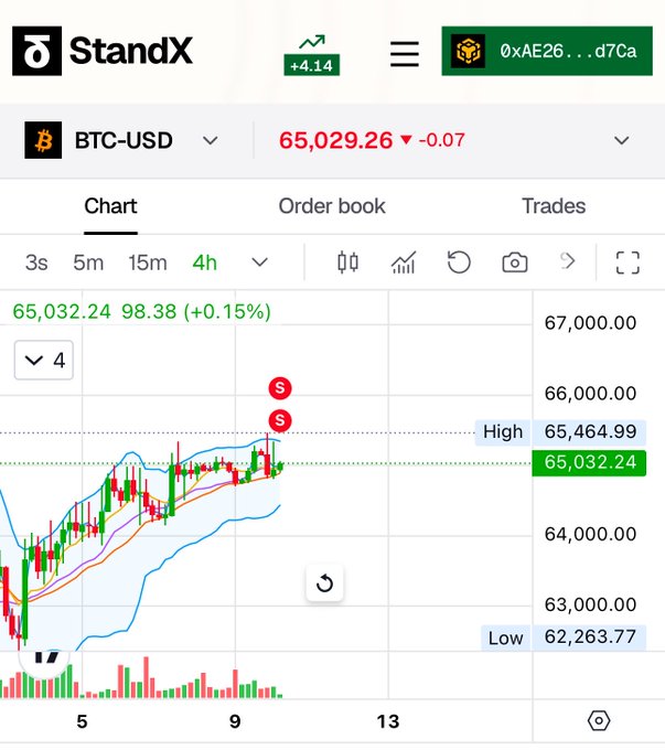 A cryptocurrency trading chart on the StandX platform showing BTC-USD priced at 65,029.26, with a 4-hour candlestick chart displaying a high of 65,464.99 and a low of 62,263.77.