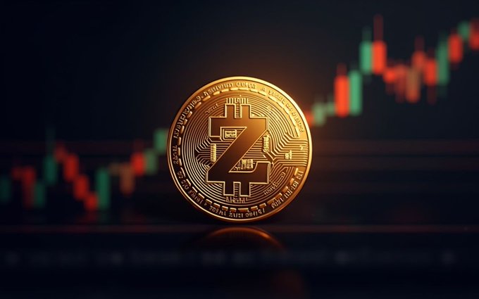 A golden Zcash (ZEC) cryptocurrency coin stands prominently in the foreground against a blurred backdrop of a green and red trading chart, symbolizing the token's dramatic 5x price surge from $200 to $1,000 and its growing market cap near $17B following Grayscale's Zcash ETF launch.
