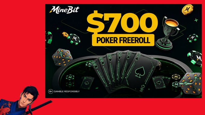 A promotional graphic for 'MineBit' advertising a '$700 POKER FREEROLL' featuring green playing cards, poker chips, dice, and a trophy on a black background with a cartoon character in the corner.