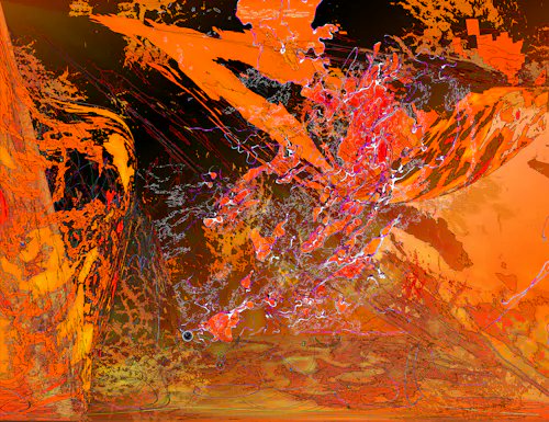 An abstract artwork featuring dramatic swirls of orange, black, and white with red and pink accents, created with energetic, splattered brushstrokes.