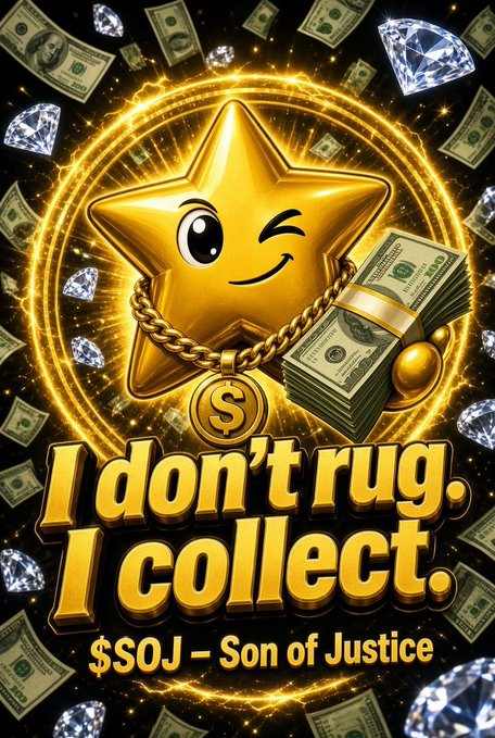 A flashy gold-themed graphic featuring a winking star character with a dollar sign, holding cash and gold chains, with the text 'I don't rug. I collect. $SOJ – Son of Justice.'