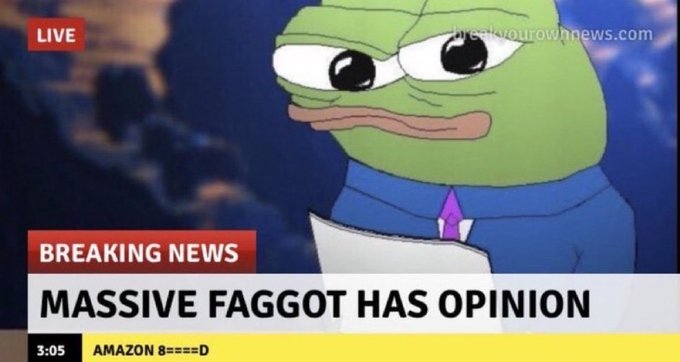 A 'Breaking News' parody graphic featuring a Pepe the Frog news anchor with the headline 'MASSIVE FAGGOT HAS OPINION' marked as LIVE from 'createyourownnews.com'.