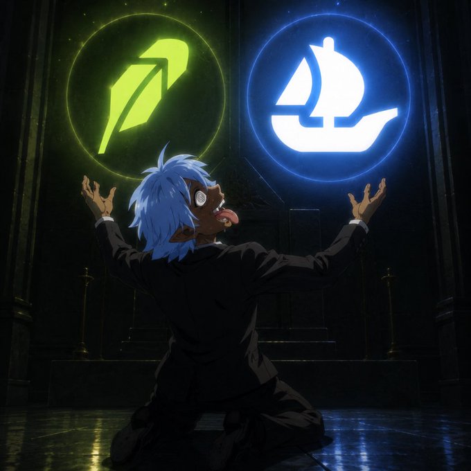 An anime character with blue hair and dark skin is shown kneeling on the floor in a dark room, wearing a suit and making an exaggerated expression with tongue out, positioned between two glowing circular emblems - one green (feather/quill design) and one blue (ship design).