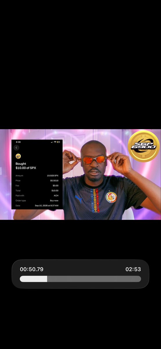 A video screenshot shows a man putting on orange sunglasses, with an overlay displaying a purchase receipt for "19.928 SPX" for "$10.00" and a "SEP 6960" logo in the corner.