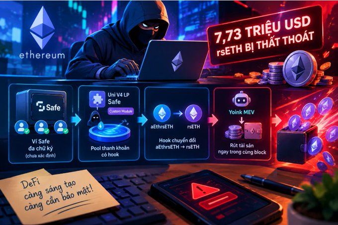 A digital illustration about a DeFi exploit, showing a hooded hacker and a Vietnamese-language diagram explaining the loss of $7.73 million in rsETH through Uni V4 LP and Yoink MEV.