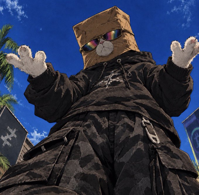 A low-angle shot of a person wearing a paper bag over their head with iridescent sunglasses, a black hoodie, and a black camouflage utility skirt, posing with their hands raised against a blue sky.