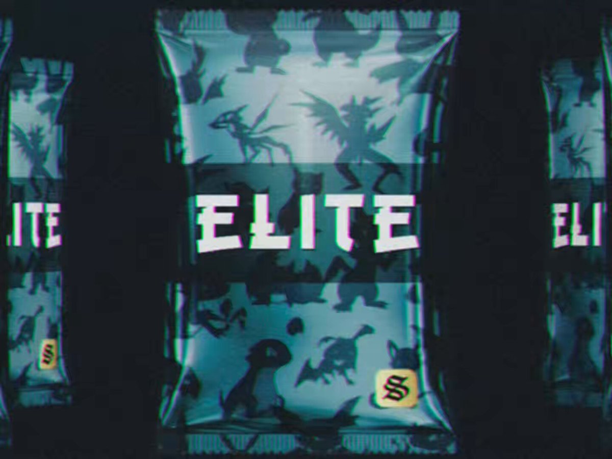 The image features a collection of Pokémon trading cards displayed against a black background. The cards are arranged in two rows with three cards each. The top row has a card that reads "Elite" while the bottom row has another card that says "Collecting cards, Spreading vibes." The text on these cards is in white and blue colors, which stands out against the black background of the image.