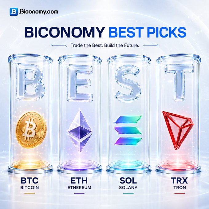 Biconomy.com promotional image for 'BEST PICKS' showcasing BTC, ETH, SOL, and TRX cryptocurrency tokens in glass tubes.