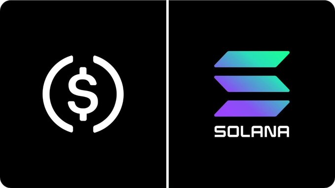 The image displays the USDC (dollar symbol) logo on the left and the Solana logo with "SOLANA" text on the right, both on a black background. The image visually represents the post's content about Circle minting an additional 1 billion USDC tokens on the Solana blockchain.