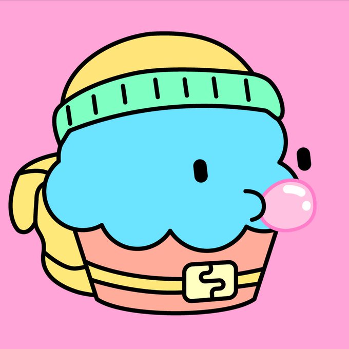 A cartoon illustration of a blue cloud-like character wearing a yellow hat, with a backpack, blowing a pink bubble gum bubble against a pink background.