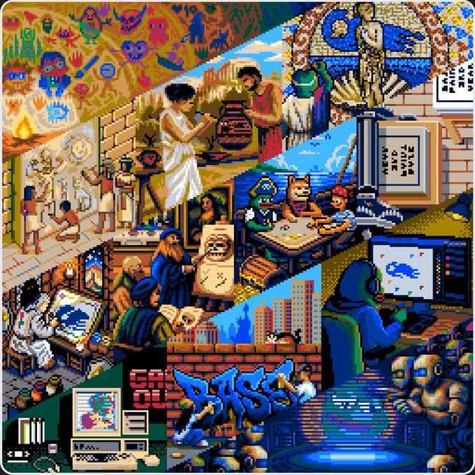 A colorful pixel-art collage blending various scenes including ancient Egyptian-style figures, cave paintings, wizards, medieval warriors, modern computer users, and graffiti-covered urban walls.