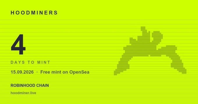 A lime green promotional graphic for 'HOODMINERS' featuring a pixelated 'A' logo, displaying '4 DAYS TO MINT', '15.09.2026 · Free mint on OpenSea', and 'ROBINHOOD CHAIN hoodminer.live'.