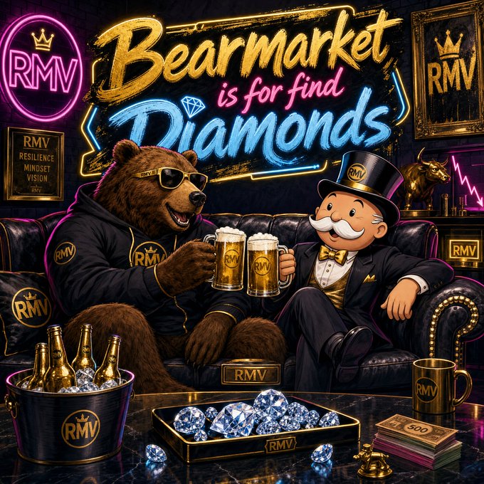 Vibrant neon-style illustration reading 'Bearmarket is for find Diamonds' featuring an anthropomorphic bear in sunglasses clinking beer mugs with the Monopoly Man (Rich Uncle Pennybags) on a leather couch, with 'RMV' logos throughout.