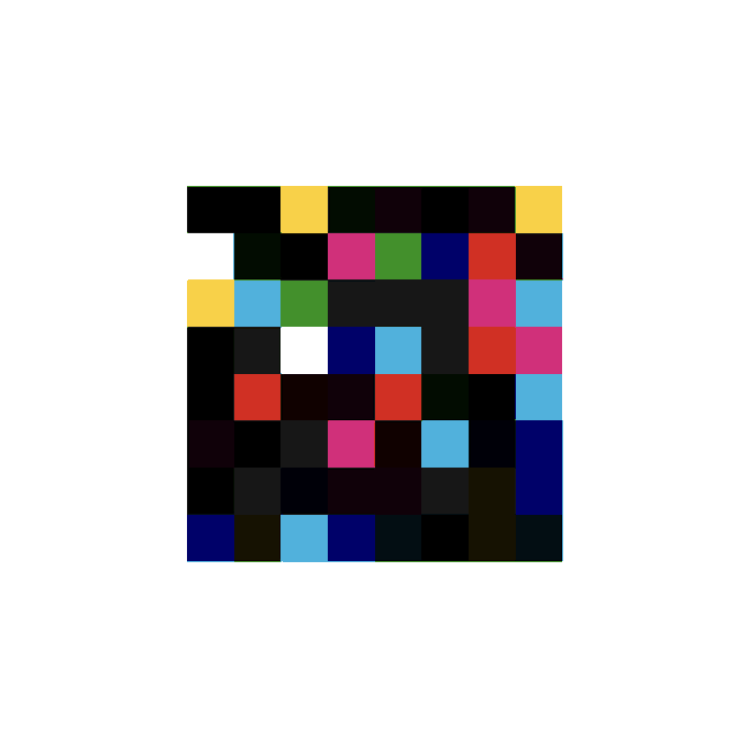 An abstract grid of colored squares forms an indistinct pattern against a white background.