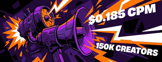 A vibrant purple and orange graphic featuring a futuristic cannon, advertising '$0.185 CPM' and '150K CREATORS' for a marketing service.