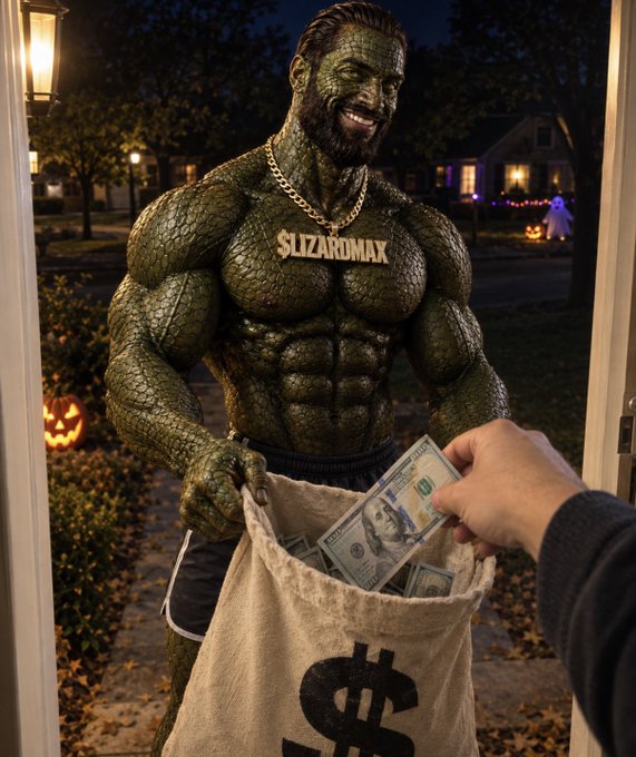 A muscular man in a green lizard/reptile Halloween costume with a gold chain reading '$LIZARDMAX' holds out a money bag with a dollar sign. Someone is putting cash into the bag, with a Halloween-decorated neighborhood visible behind him.