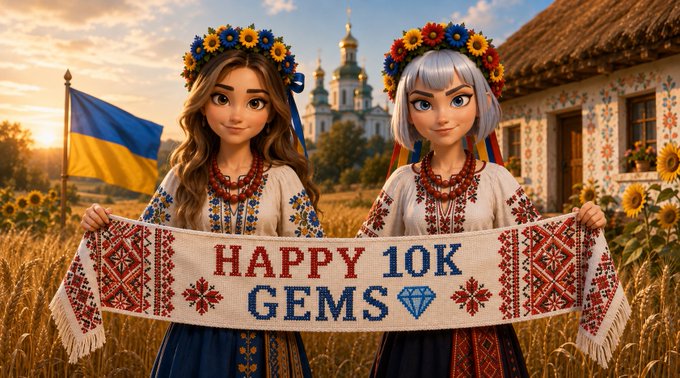Two animated women wearing traditional Ukrainian floral crowns and embroidered attire stand in a sunflower field holding a banner reading "HAPPY 10K GEMS," visually celebrating the 0xAlphaGEMs community's milestone achievement noted in the post.