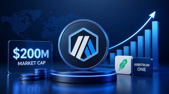 A crypto promotional graphic displaying a $200M Market Cap alongside a blue logo and an 'ARBITRUM ONE' badge with an upward arrow and bar chart.