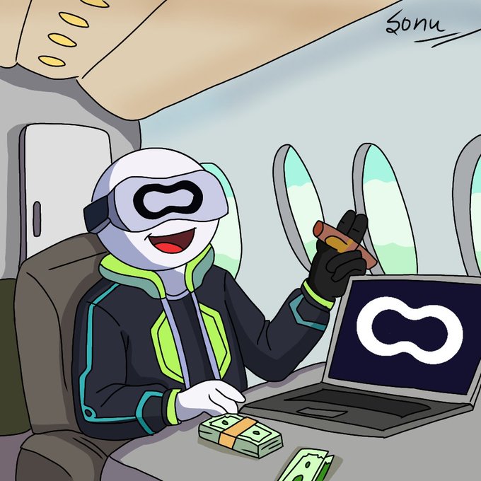 Cartoon illustration of a white character wearing a VR headset and a dark jacket with neon green accents, sitting in an airplane and working on a laptop with an infinity symbol on the screen, with stacks of cash nearby.