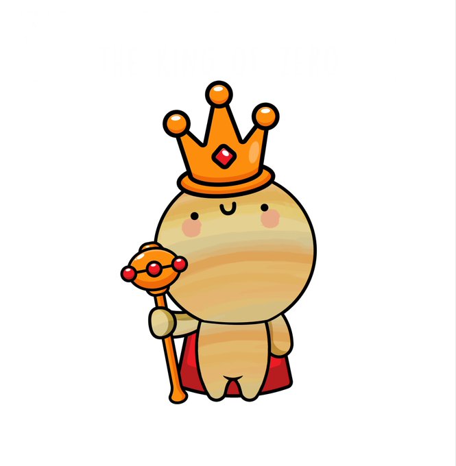 A cartoon illustration of a cute planet character (resembling Saturn) wearing a golden crown, a red cape, and holding a scepter.