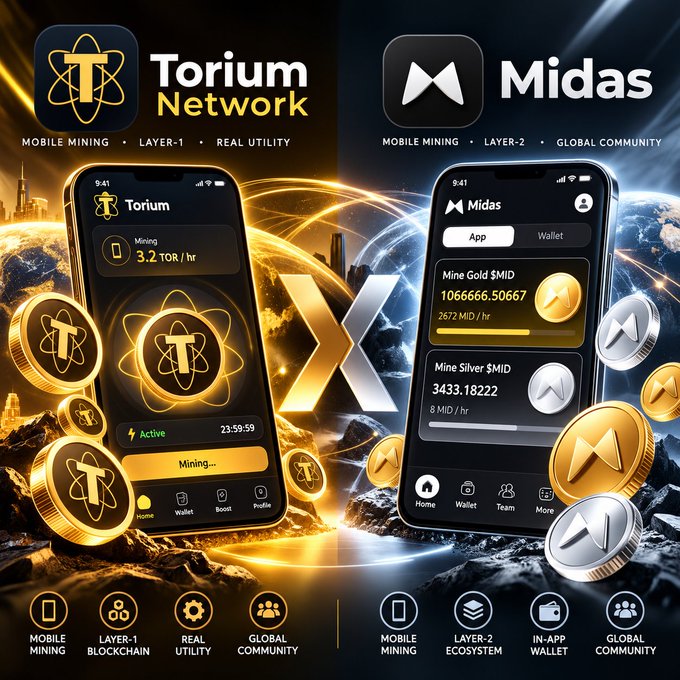 A promotional graphic for 'Torium Network' (Layer-1 mobile mining) and 'Midas' (Layer-2 global community) crypto apps, displaying their respective phone interfaces, token metrics, and feature icons.