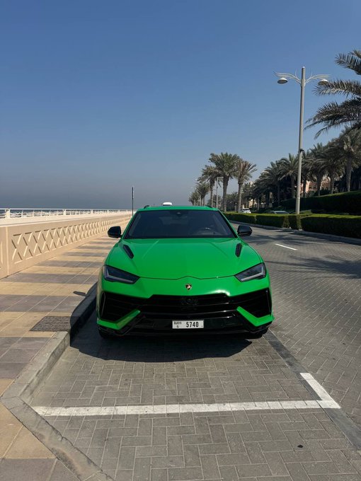 A bright green Lamborghini Urus SUV is parked on a paved waterfront promenade lined with palm trees.
