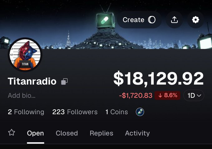 Titanradio's Pumpfun profile displays a portfolio value of $18,129.92, down $1,720.83 (-8.6%) over 1 day, with 223 followers as the post solicits new followers by promising $100 to a Pumpfun follower to help reach a 500-follower goal.