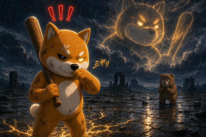 A stylized illustration of an orange Shiba Inu character holding a baseball bat in a stormy, cracked landscape, with a giant glowing dog face in the clouds and a smaller bear figure in the distance.