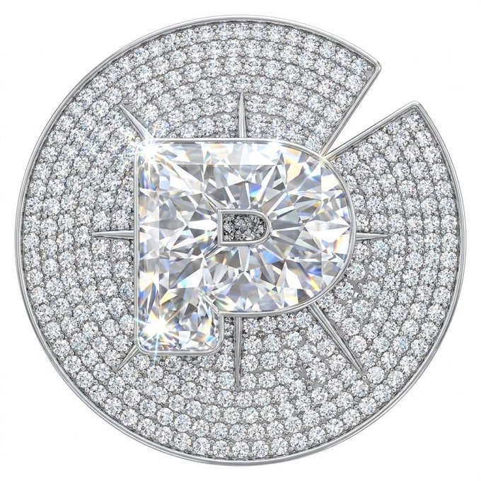 A luxurious diamond pendant featuring a large central emerald-cut diamond forming the letter 'P', surrounded by a circular halo of pavé diamonds with additional diamond-encrusted geometric accents.