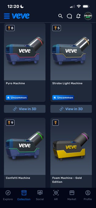 A screenshot of the VeVe mobile app's Collection tab displaying digital collectible machines including Pyro Machine, Strobe Light Machine, Confetti Machine, and Foam Machine Gold Edition.