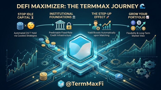 A promotional graphic for 'DEFI MAXIMIZER: THE TERMMAX JOURNEY' outlines four steps—stop idle capital, institutional foundations, the step-up effect, and grow your portfolio—credited to @TermMaxFi.