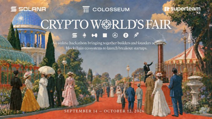 A promotional banner for "CRYPTO WORLD'S FAIR" by Solana, Colosseum, and Superteam KZ shows a classical painting-style illustration of people in vintage attire at an ornate outdoor venue, dated September 14 – October 12, 2026.