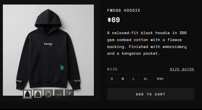 An online product page displays a 'FWOGS HOODIE' priced at $69, described as a relaxed-fit black hoodie with embroidery, alongside size selection options and an 'ADD TO CART' button.