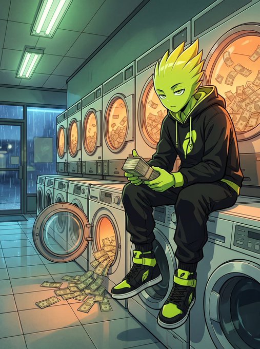 An anime-style illustration of a green-skinned character in a black hoodie sitting on a washing machine in a laundromat, counting cash while money spills from an open dryer.