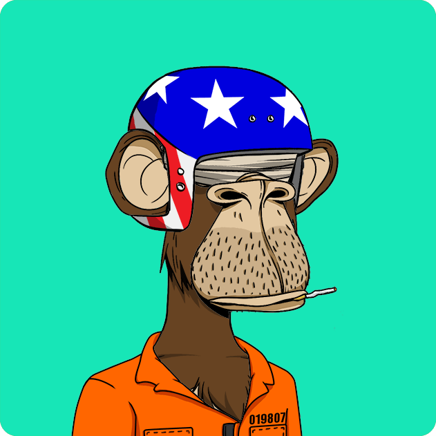 A cartoon ape wearing an American flag-themed helmet, smoking a cigarette, and dressed in an orange prison jumpsuit with the number "019807" displayed on the chest, representing Bored Ape Yacht Club NFT #5143 purchased for 8.39 ETH.