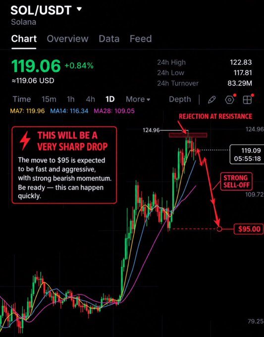 A SOL/USDT (Solana) cryptocurrency trading chart shows a current price of 119.06 USD (+0.84%) with technical analysis annotations predicting 'THIS WILL BE A VERY SHARP DROP' to $95.00, highlighting 'REJECTION AT RESISTANCE' and 'STRONG SELL-OFF'.