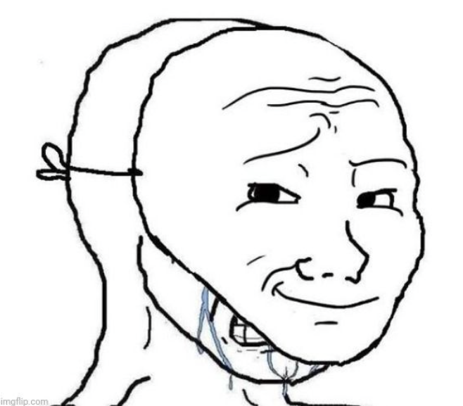 The image is the "Wojak" meme—a bald, smiling cartoon figure often used to express ironic happiness or self-deprecating contentment in financial/trading contexts.

The caption jokes that this Wojak's smile represents a trader settling for a small $1 gain rather than holding for a larger profit, making it perfectly capture the reluctant satisfaction of "taking profits" at a minimal return.