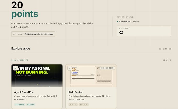 A web interface showing "20 points" balance with text "One points balance across every app in the Playground. Earn as you play; claim as RP to bet with," listing apps including "Agent Grand Prix" and "Rialo Predict."