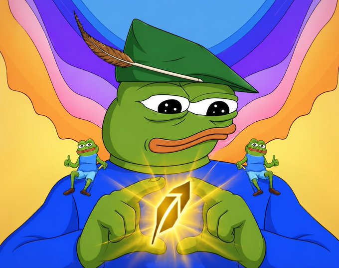 A muscular Pepe the Frog wearing a green Robin Hood-style hat with a feather and blue armor holds a glowing golden "$1" symbol at the center, flanked by two smaller Pepe figures giving thumbs up against a colorful rainbow background. The image's celebratory, triumphant tone — featuring Pepe, a popular crypto meme figure — visually reinforces the post's announcement about the $REPE CTO team gaining control of @Noxa_Fi trading fees for future growth.