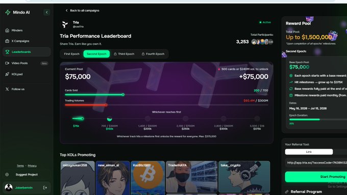 The image shows a desktop computer screen displaying information about an app named "Tria" that focuses on reward pools. The main screen of the app presents a graph with different data points, such as achievements reached during different milestones. The app has two pools, one of which has reached $75,000 in rewards at a rate of +$300,000 per milestone. In another pool, there are achievements worth $1,500,000. The image also includes a caption that discusses the app's performance and reward pools.