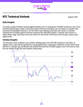 A document titled 'BTC Technical Outlook' dated August 24th by CRYPTO REBEL, featuring 'Daily thoughts' and 'Intraday thoughts' analysis above a cryptocurrency price chart.