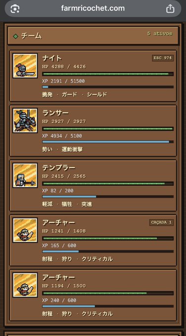 A screenshot from farmricochet.com showing a Japanese-language RPG game party status menu with 5 active members (ナイト, ランサー, テンプラー, アーチャー, アーチャー) displaying their HP and XP bars.
