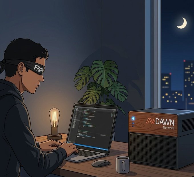 𝗕𝗨𝗜𝗟𝗗𝗚 𝗜𝗡 𝗧𝗛𝗘 𝗦𝗛𝗔𝗗𝗢𝗪𝗦 is a man working on his laptop. The image also features a potted plant and a lamp, which are located near the desk where he's sitting. There is another person in the background who appears to be wearing glasses and has a cell phone nearby. The post seems to be promoting the idea of decentralization or a new way of thinking about internet connectivity.