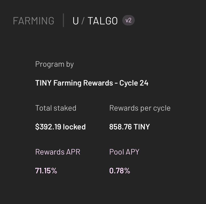 Farming program details page for U/TALGO v2 showing 'TINY Farming Rewards - Cycle 24' with $392.19 locked total staked, 858.76 TINY rewards per cycle, 71.15% Rewards APR, and 0.78% Pool APY.