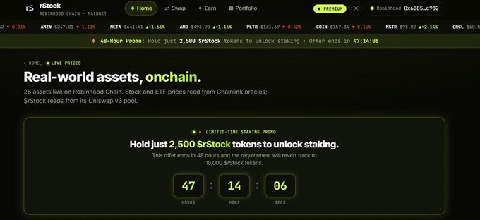 The image shows a promotional page from rstock.app highlighting a 48-hour staking promo requiring holders of 2,500 $rStock tokens, with a countdown timer displaying 47:14:06 remaining. The page emphasizes "Real-world assets, onchain" and notes that 26 assets are live on Robinhood Chain, with stock and ETF prices read from Chainlink oracles and $rStock reading from Uniswap v3 pool, directly reinforcing the post's call to action for token holders to participate in the limited-time staking promotion.