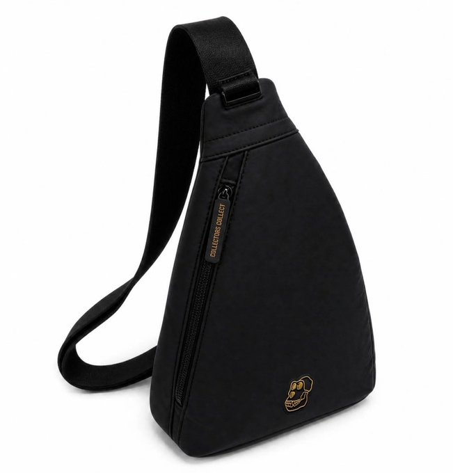 A black triangular sling bag with an adjustable shoulder strap, featuring a zipper with a 'COLLECTORS COLLECT' tag and a small yellow bear-like logo on the front.