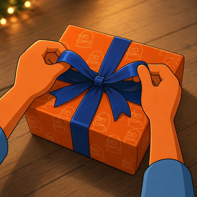 An animated illustration showing hands tying a blue ribbon around an orange gift box decorated with faint character outlines, sitting on a wooden surface with warm lights in the background.